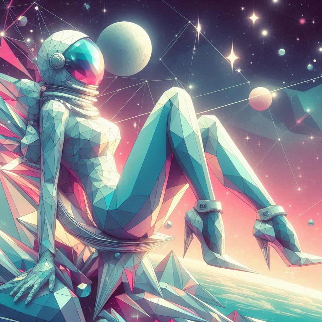 geometric low poly fractal 70s 80s sci-fi art hajime sorayam...