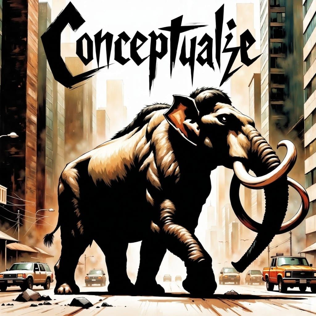 <lora:Conceptualize FL:1.0> an album cover of a mammoth walking through a manhattan street, include the words 'Conceptualize FL' in large b...