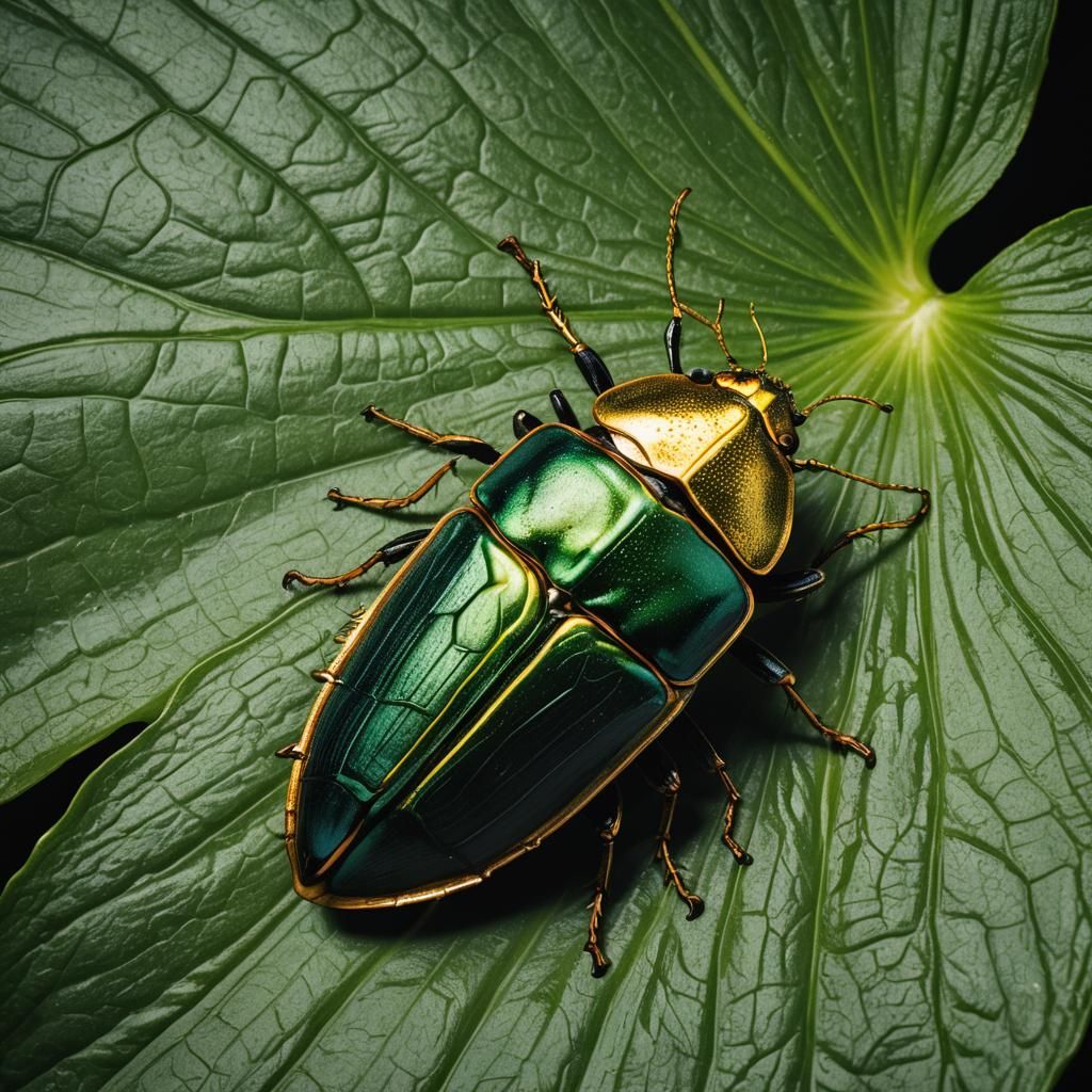Large May beetle on a lily leaf. Thin lines of gold color on...