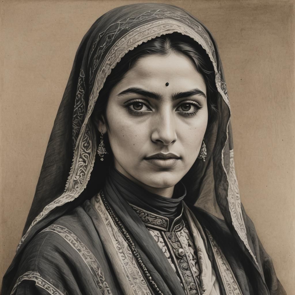 portrait of young Iraqi woman in 19th century Iraqi clothes,...