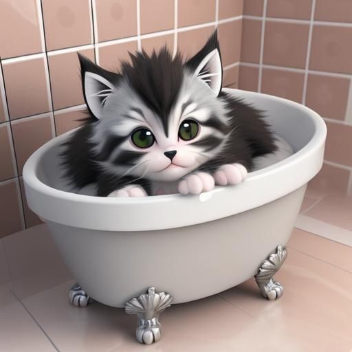 3d chibi style huge eyed fluffy kitten love in the tub - AI Generated ...