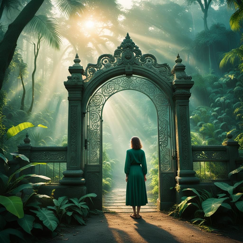 A woman stands in front of a large mystical pulsating gate i...