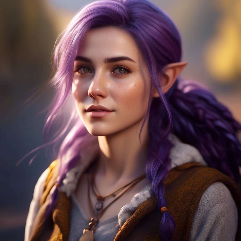 <lora:FBs Best:1.0> HD Photorealistic portrait. Tired, half elf woman. Purple hair, Happy, travel worn, Slightly pointed ears. Dark brown ey...