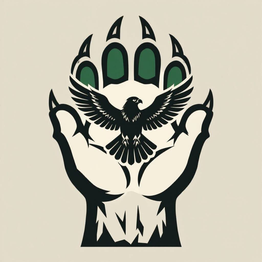 Outline of a wolf paw with a hawk inside the palm, wings outstretched. Claws separated from the paw palm. Suitable for logo and branding cor...