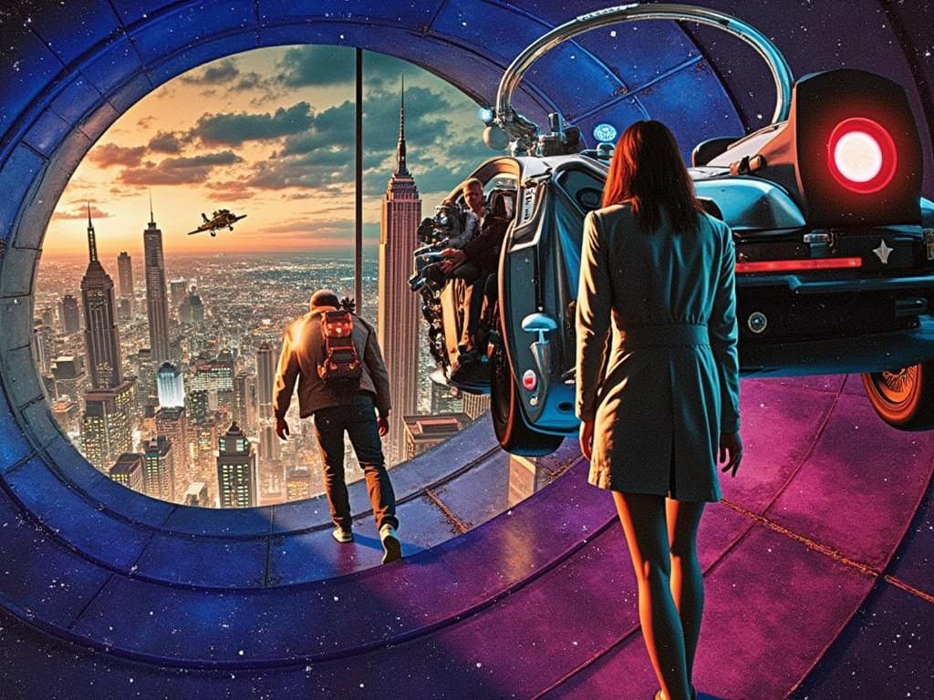 People arriving  into futuristic night city