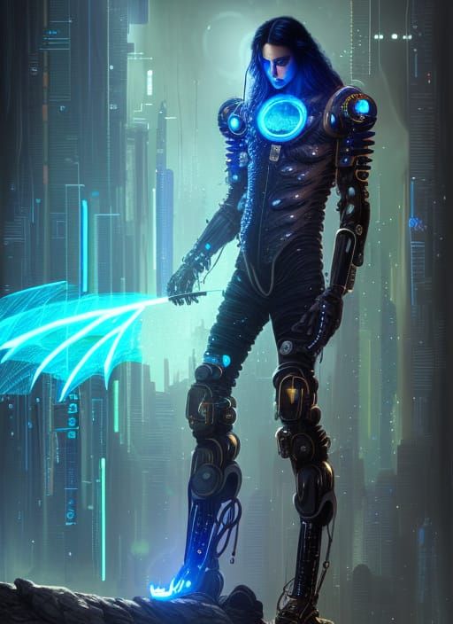 Evolved Beautiful strong Cyberpunk human male, dark blue ski...