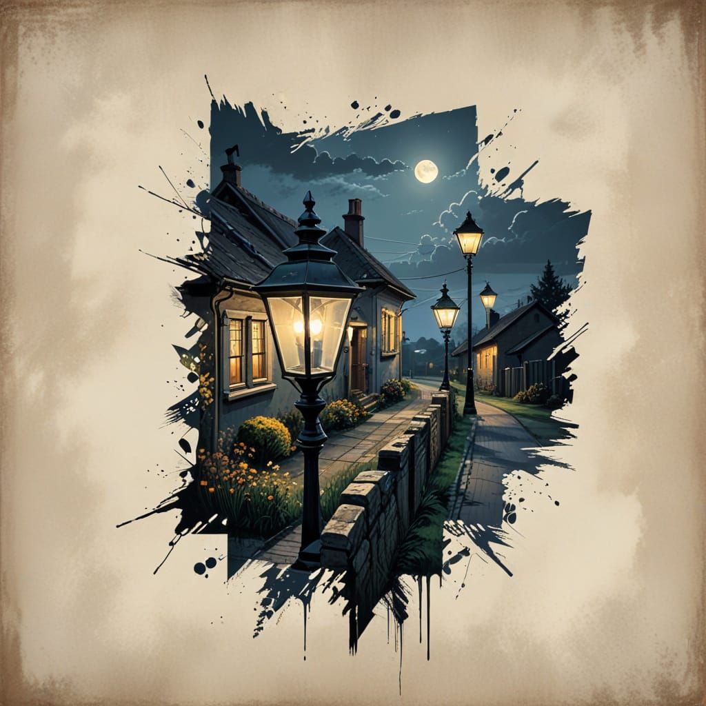 Artistic Rural Street at Night with Colorful Lights