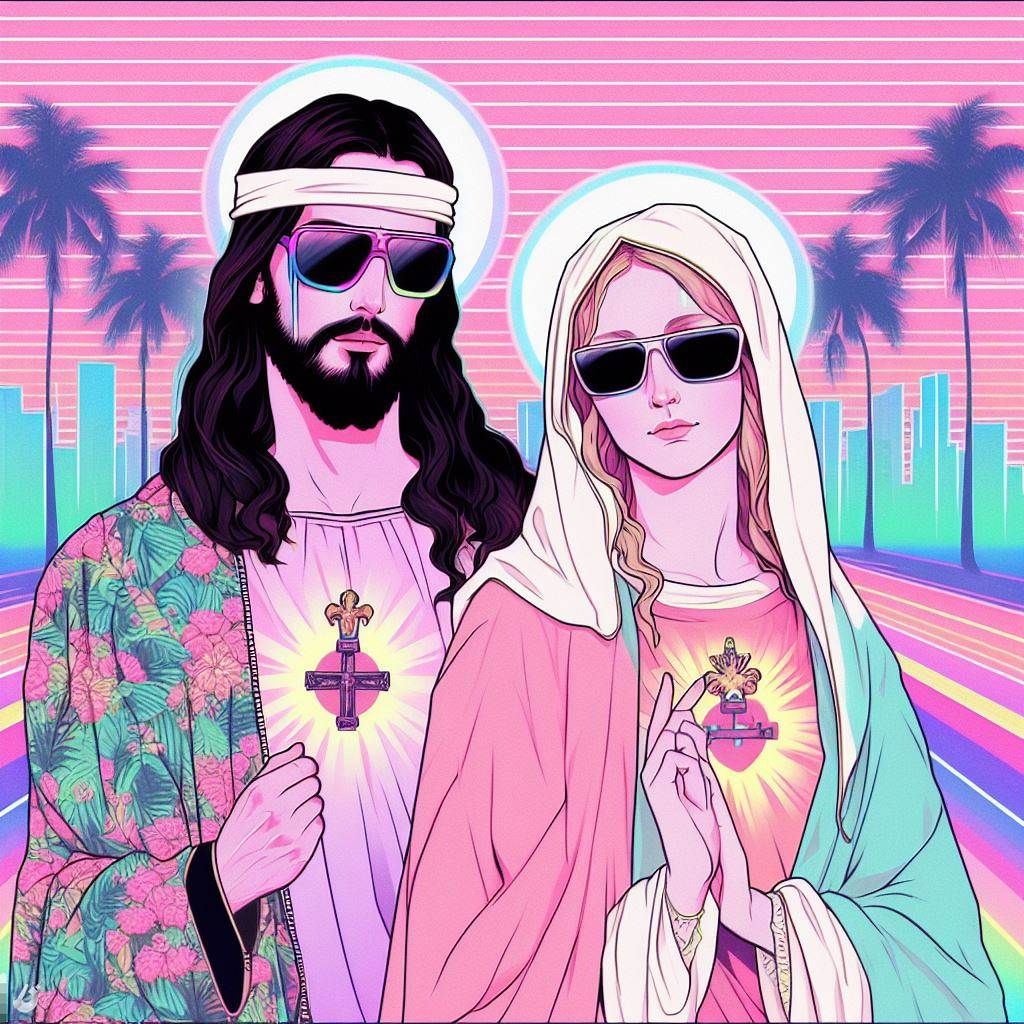 Vaporwave Jesus and Virgin Mary