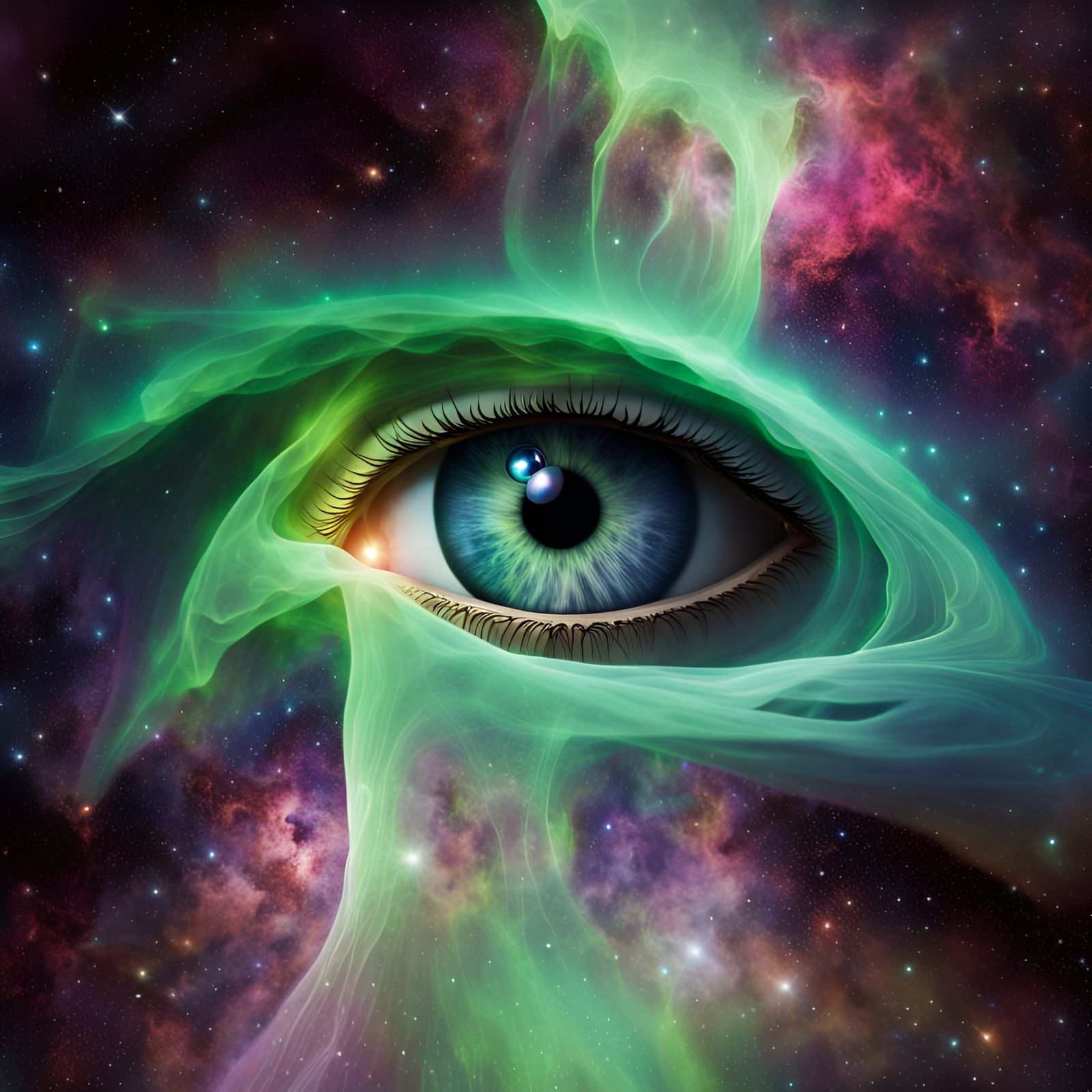 a space in time where aurora borealis touches a nebula forming an eye ...