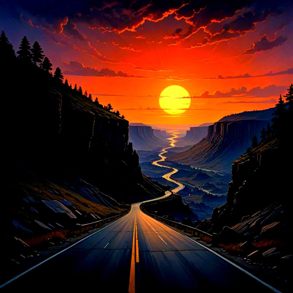 Surreal Cliffside Road in a Dark Cyberpunk Aesthetic