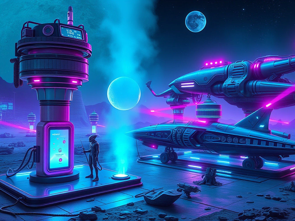 Hyper-realistic alien refueling station, wide-angle cinematic view, vibrant neon cyberpunk aesthetic, ...  by @undefined