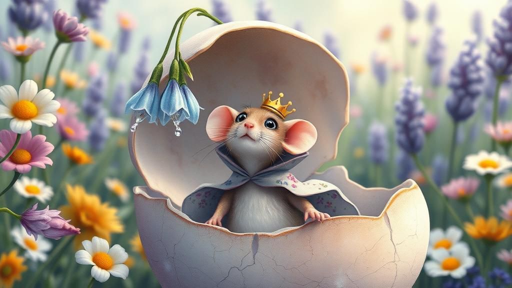 A macro photo shot of a tiny mouse nestled within an eggshell, surrounded by a vibrant, storybook-like ...  by @LightXpressions