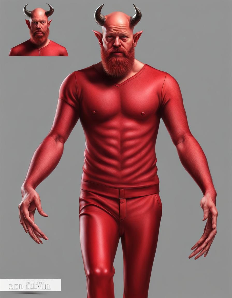 Red devil, photorealistic, whole body, money on hands, beard...