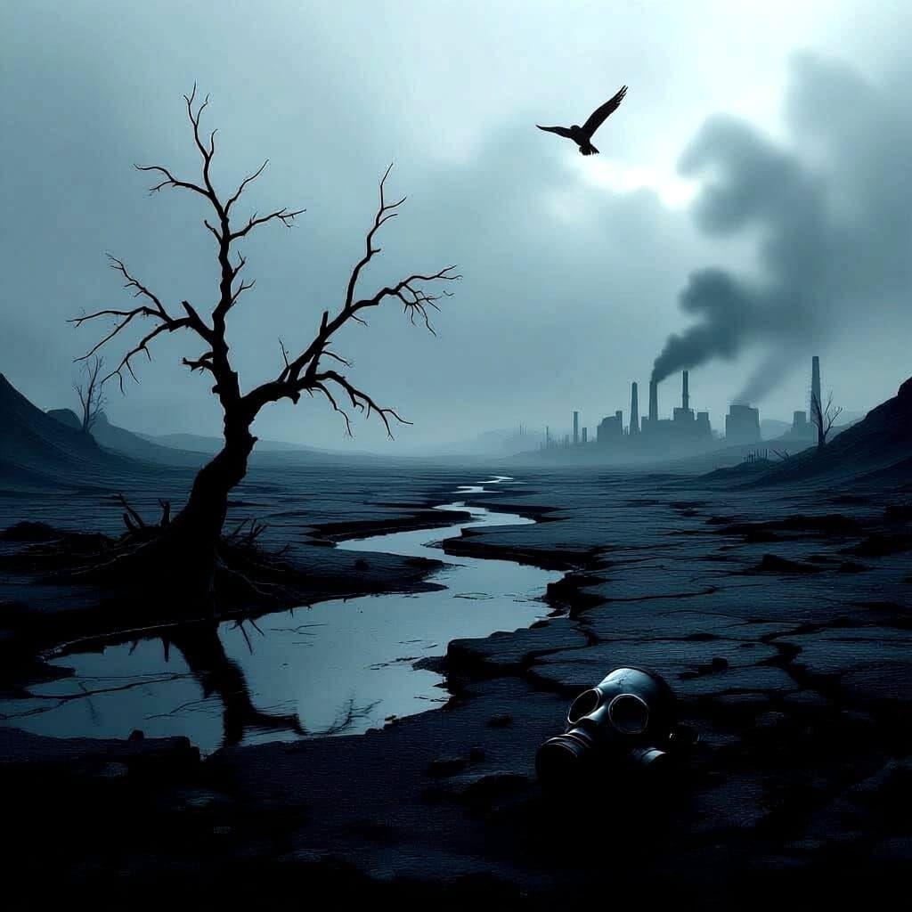 A desolate, cratered landscape under a perpetually overcast, dark grey sky. The ground is a uniform, ashen grey, crisscrossed with deep fiss...