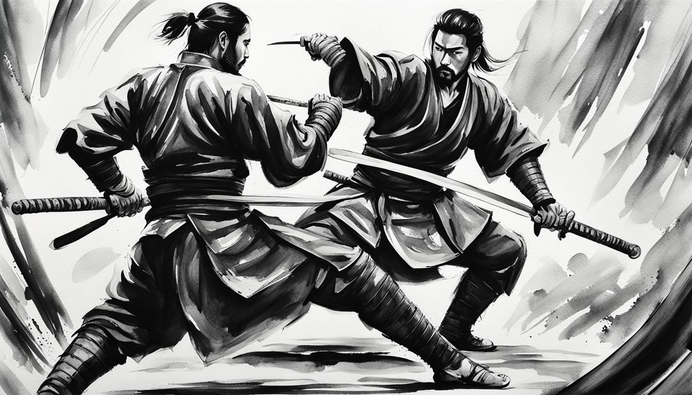 line art charcoal watercolor acrylic masterpiece samurai katana ...