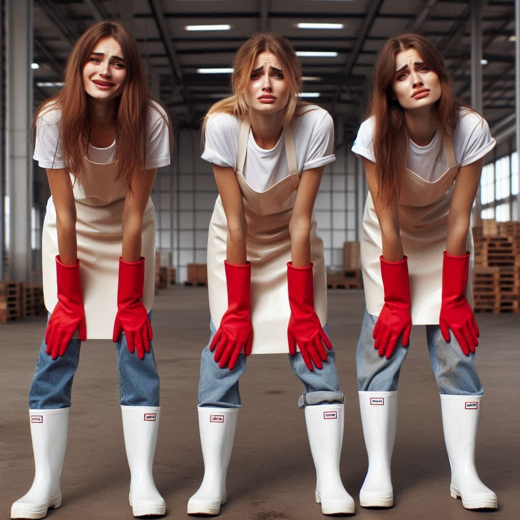 Three tired 25 year old german women with forced joyful facial expressions, standing inside an empty well-lit warehouse,...
