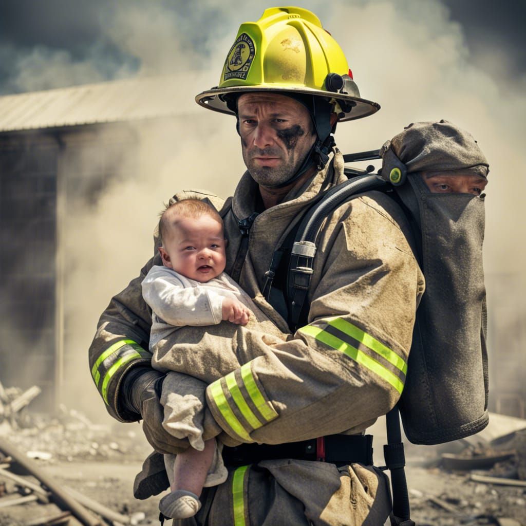 Firefighter standing before building of ash  by @loodupyydja