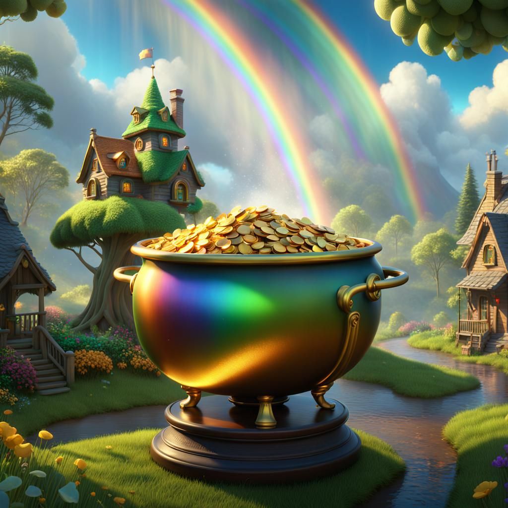 Pot of leprechaun gold at the end of the rainbow