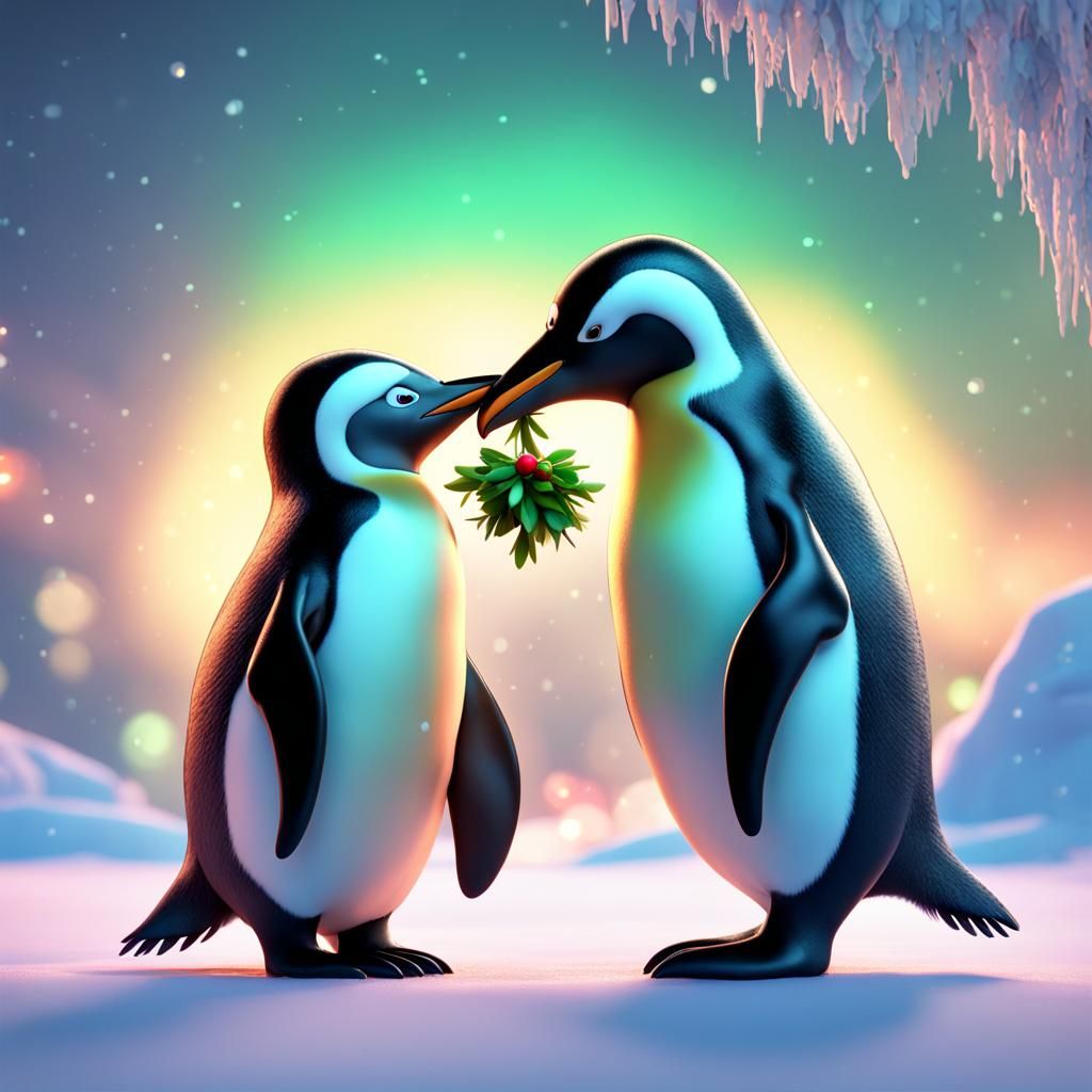 two penguins under mistletoe, kiss, snowing, iceberg, northern lights ...