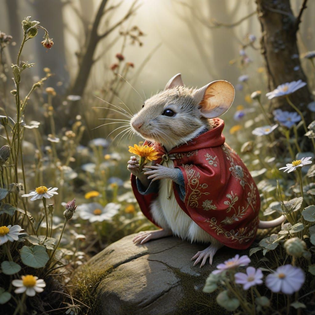 a small mouse dressed in a cape, holding and sniffing a red flower, in a meadow full of sunlight. macro ...  by @Prettyfall1969