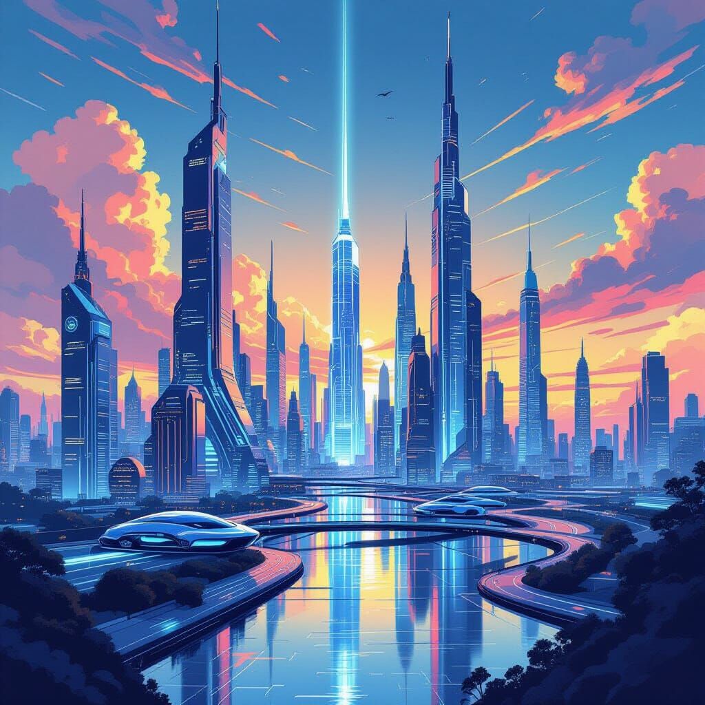 Futuristic Cityscape in Vibrant Comic Book Art