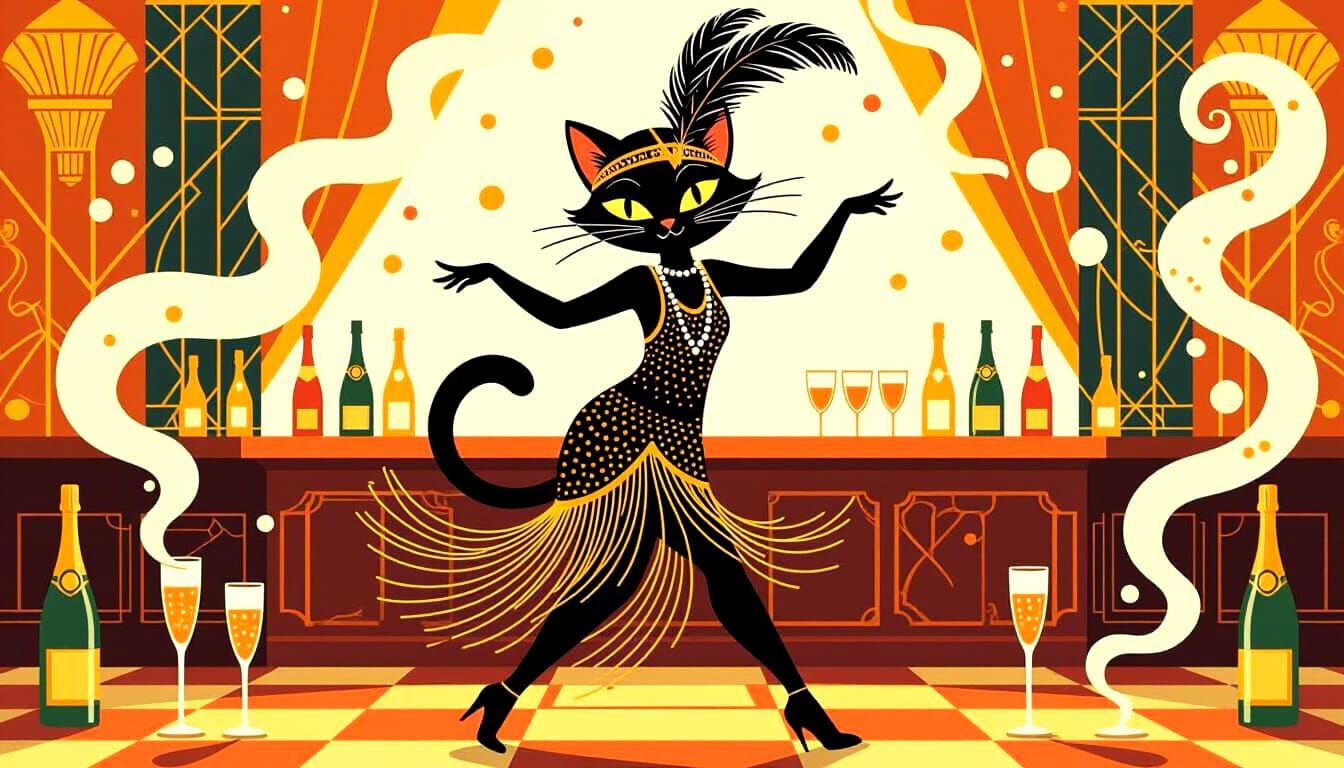 a cartoon flapper cat from the roaring 1920s, dressed in a sequined dress and feathered headband, dancing ...  by @Carlos