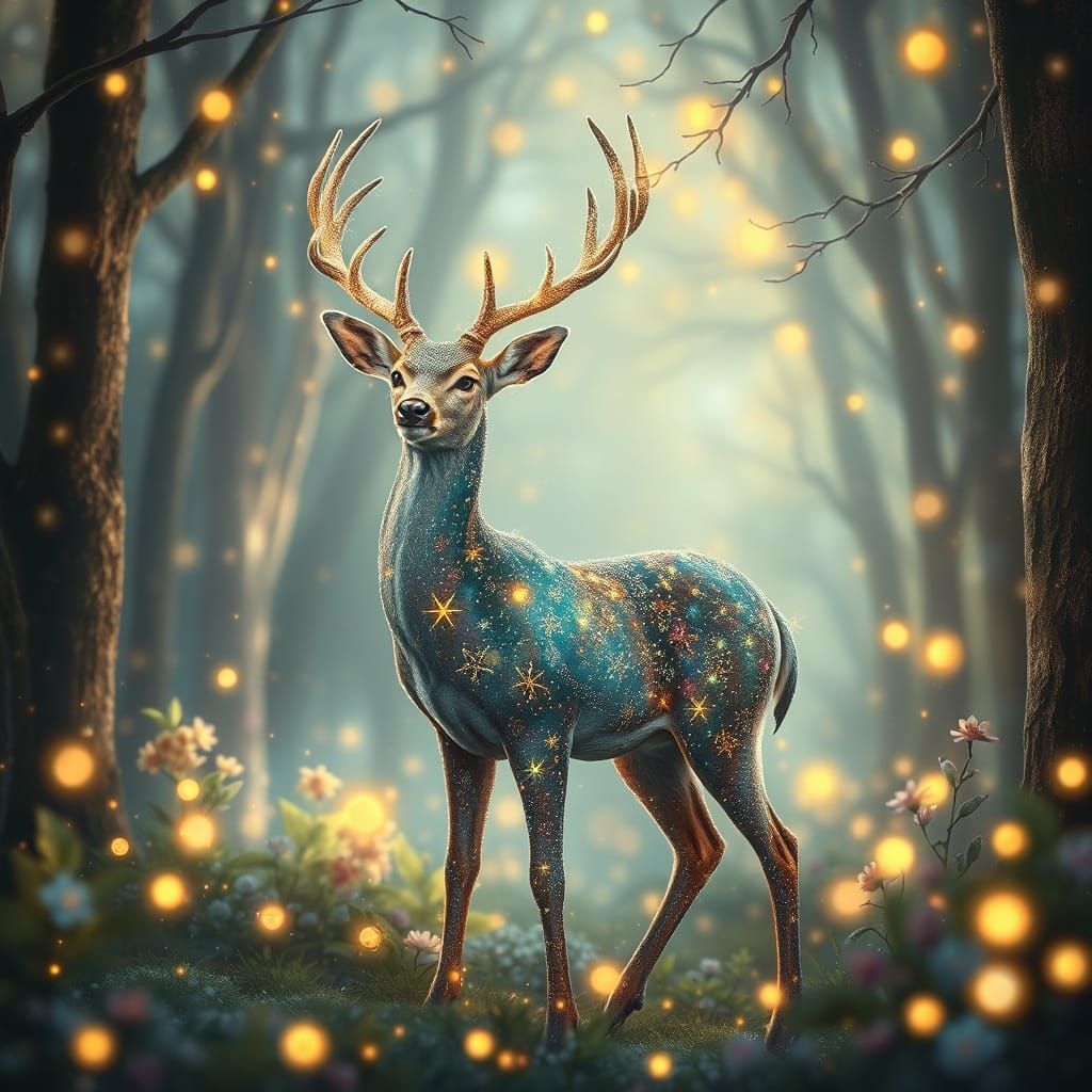 Stardust Deer in Enchanted Forest, Art Nouveau