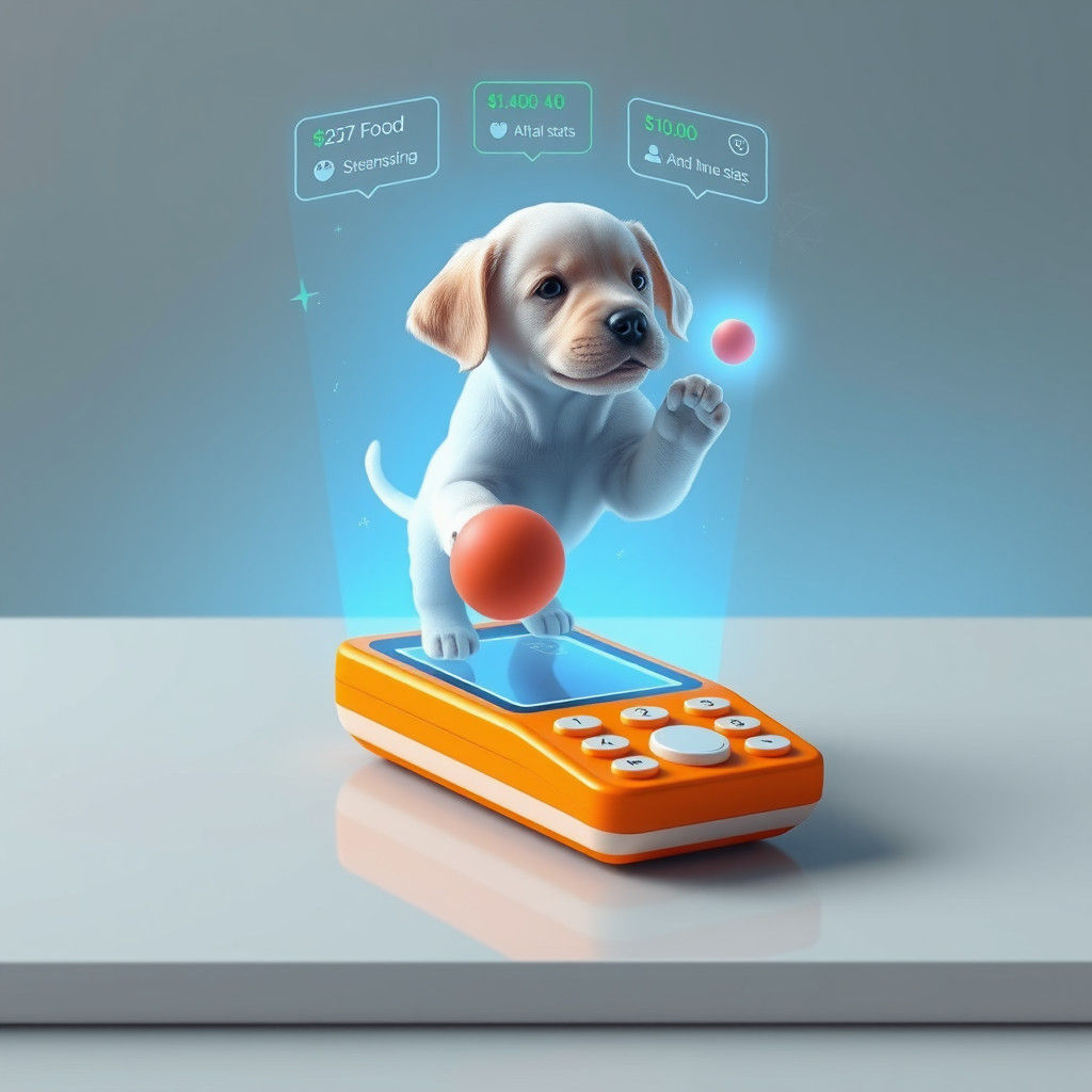 Advert of A small  tangarine orange phone, that every kid wants,  holographic dog that wnat to play with you.  by @somesortafairy