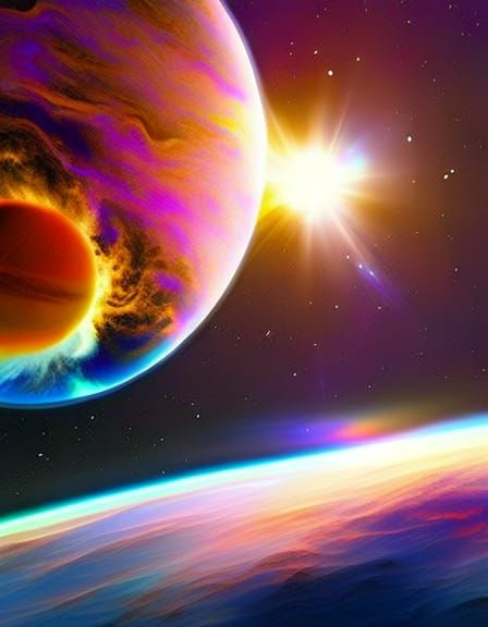 A planet interely made of iridescent clouds and nebulas, spa...