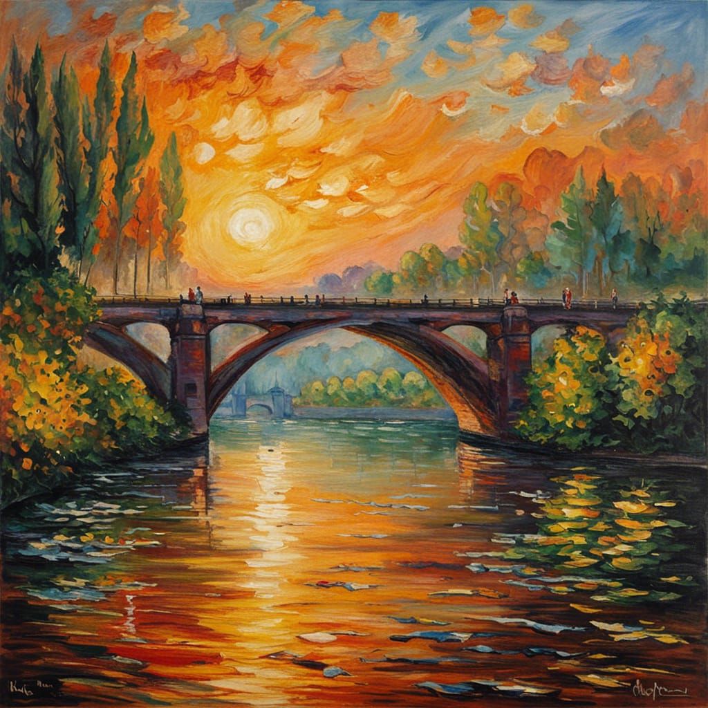 cyborgue resembling Monet painting a painting by Cézanne, background bridge of Monet painting  by @Roswarcus
