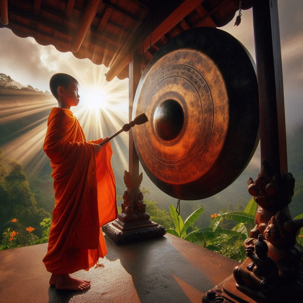 Young Buddhist monk striking a big gong  by @HannibalBarley