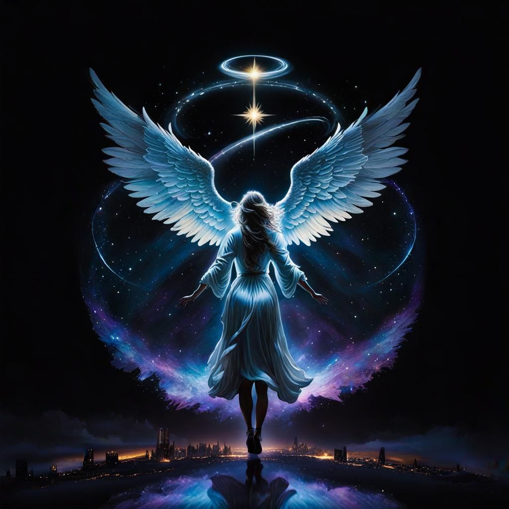 highly intricately detailed silhouette of a angel reaching u...