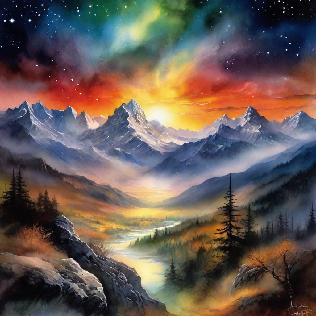 Misty Mountains and Aurora: Surreal Watercolor Art