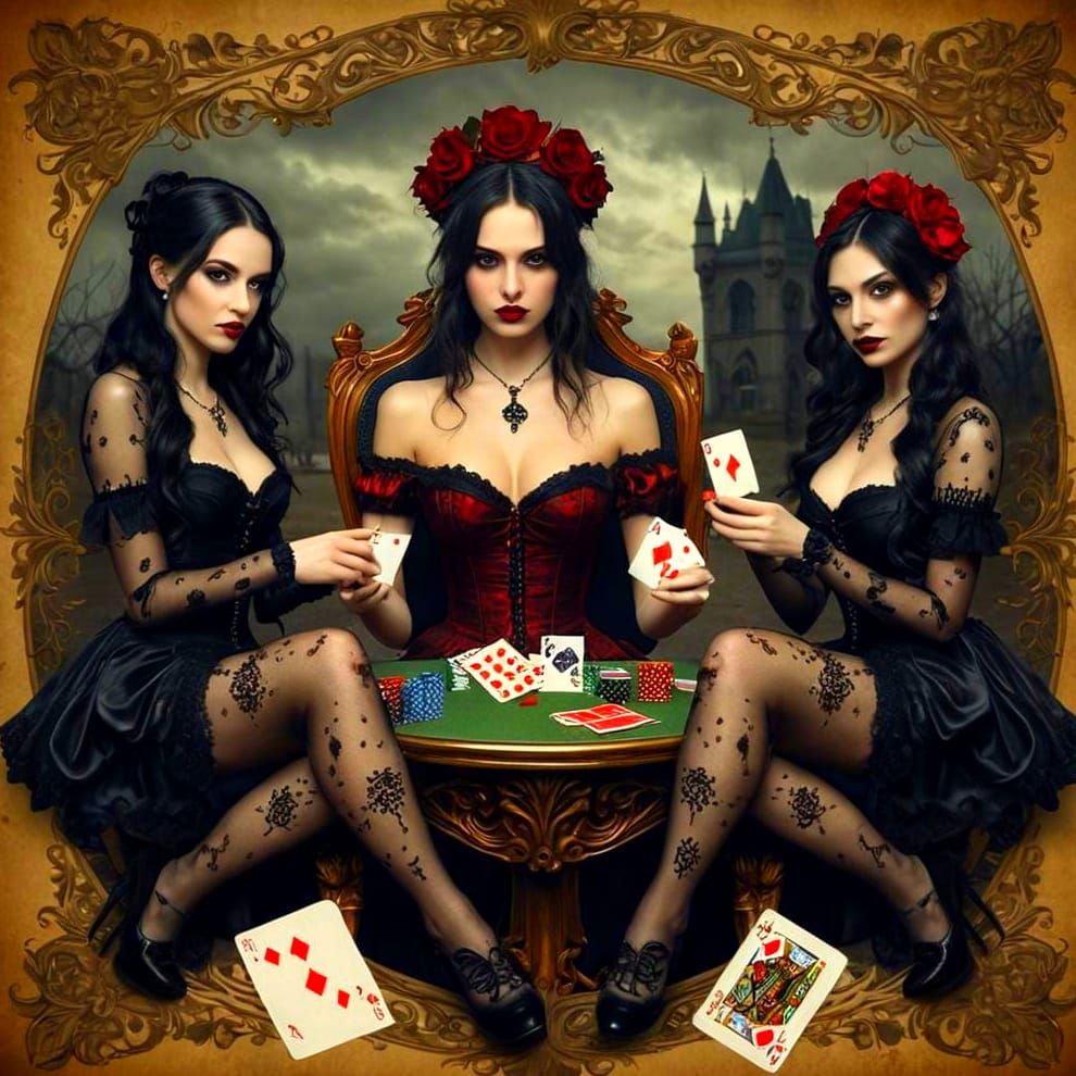 Gothic Ladies Playing Cards in Film Noir Style