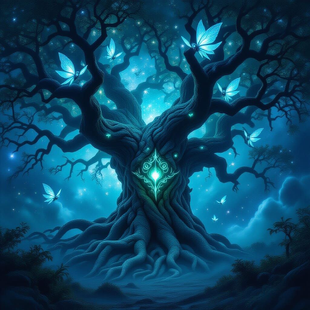 A colossal, ancient oak tree with roots that twist and writhe like serpents, reaching into a swirling nebula of stars and cosmic dust. The b...