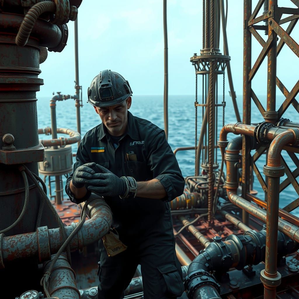 Petrol platform worker, dirty with stain black and carbon in industrial pipes. The worker is repairing ...  by @Omarito 