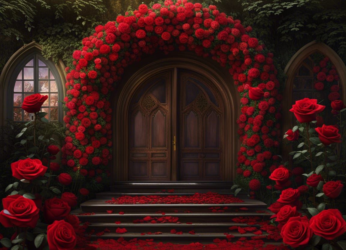 A Carved Wooden Door Surrounded By Red Roses