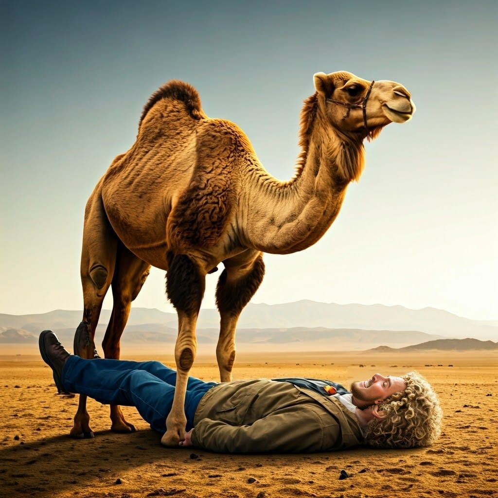 Joyful Camel Rider in Vibrant Desert Landscape