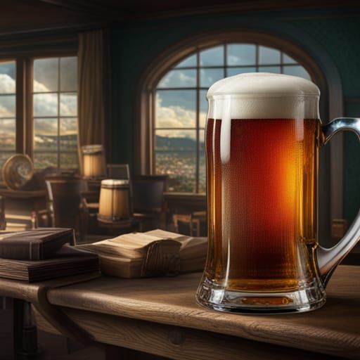a mug of beer on a table in a busy tavern