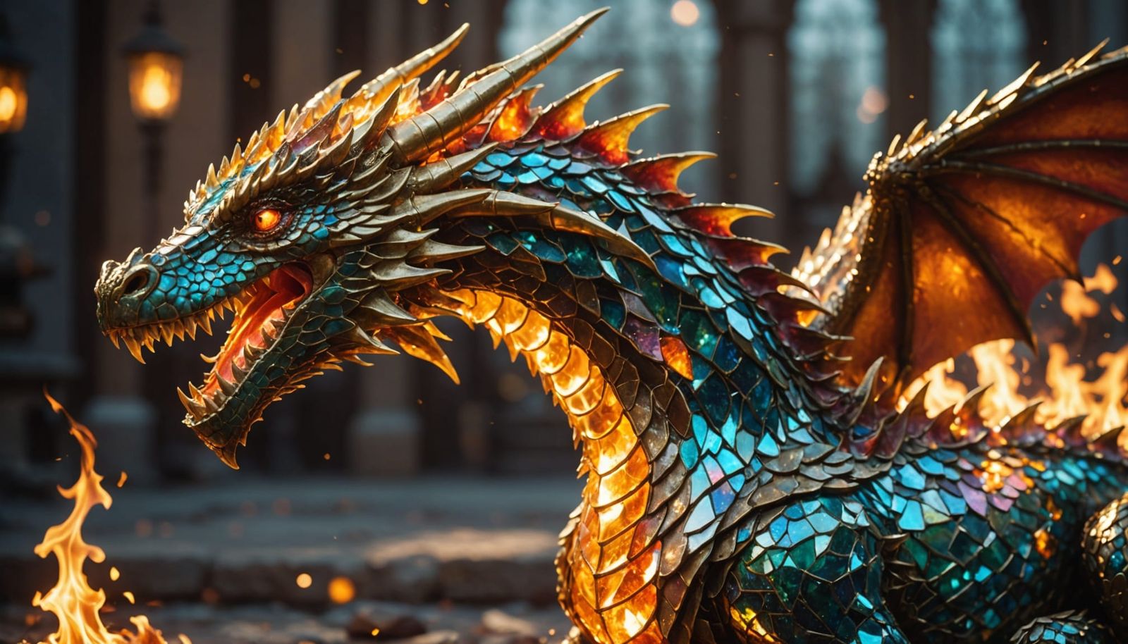 A fire-breathing dragon made of shimmering glass    by @Maria_fairy_id