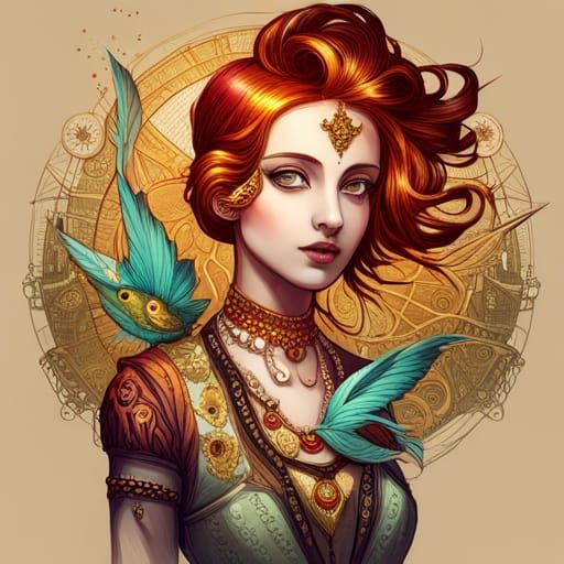 Steampunk Krishna with Luminous Colors and Golden Outlines