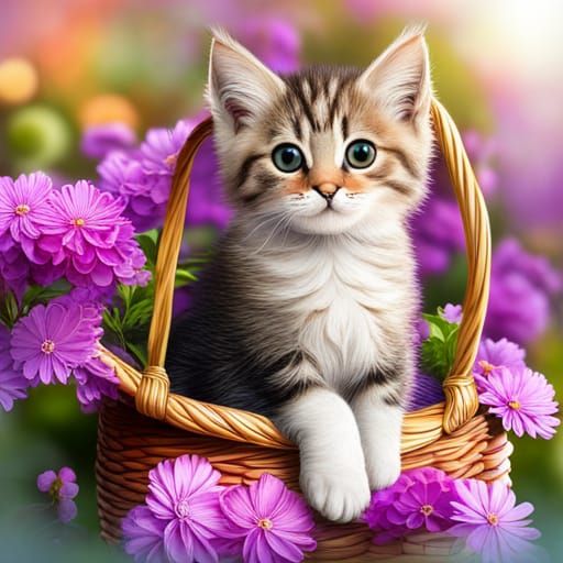 the cuttest kitten sitting in a basket, basket covered with colorful flowers, background: colorful flowers, ...  by @Adriana