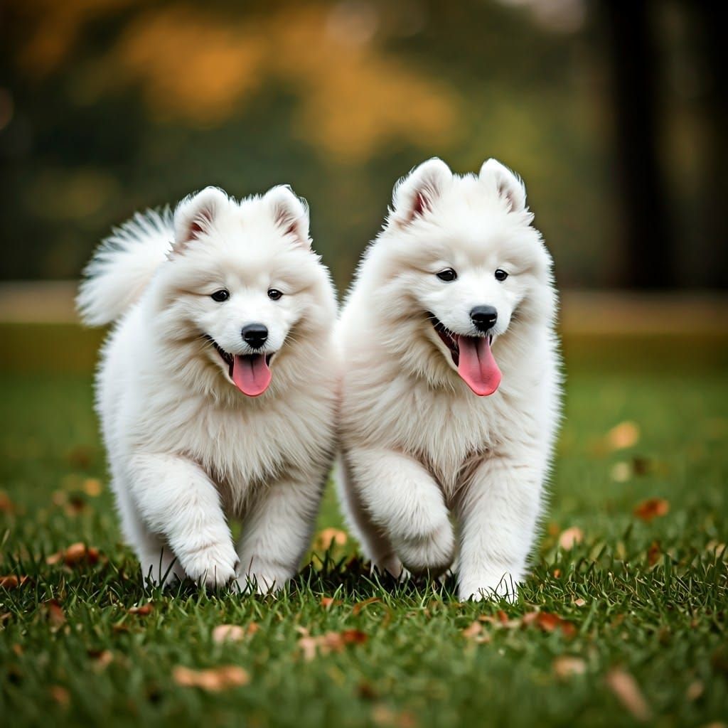 Samoyed Puppies Running on Green Lawn