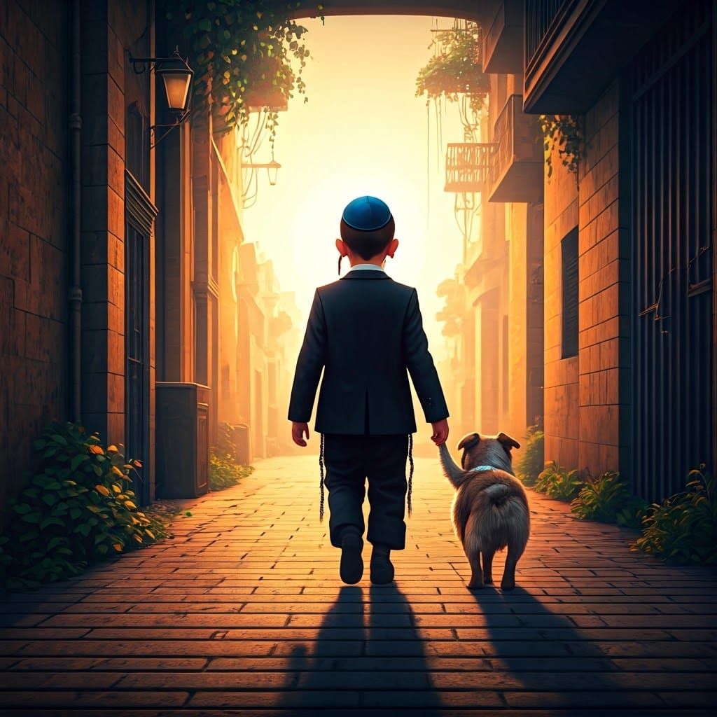 Haredi Boy Walks Dog in Summer Evening Landscape in Detailed...