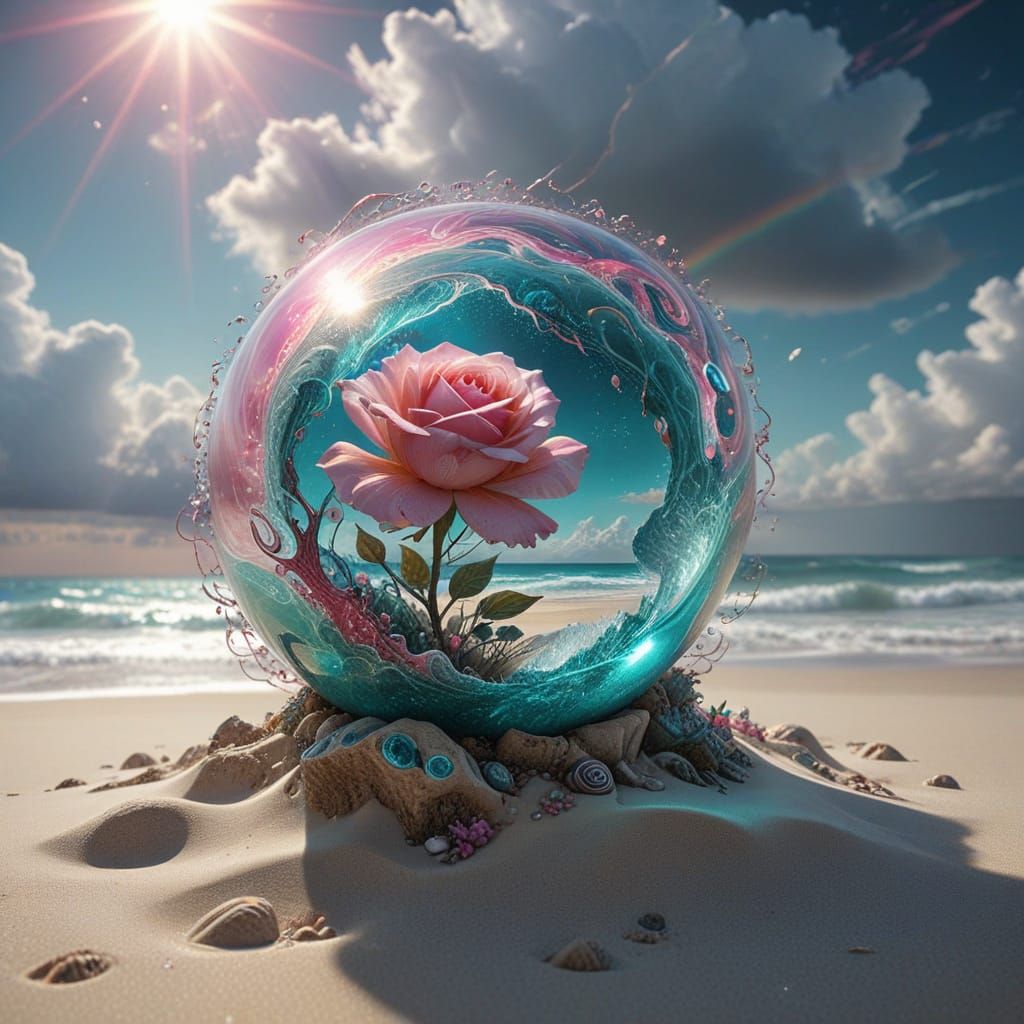 Teal glass orb blown glass with pink rose.   by @Heidi25