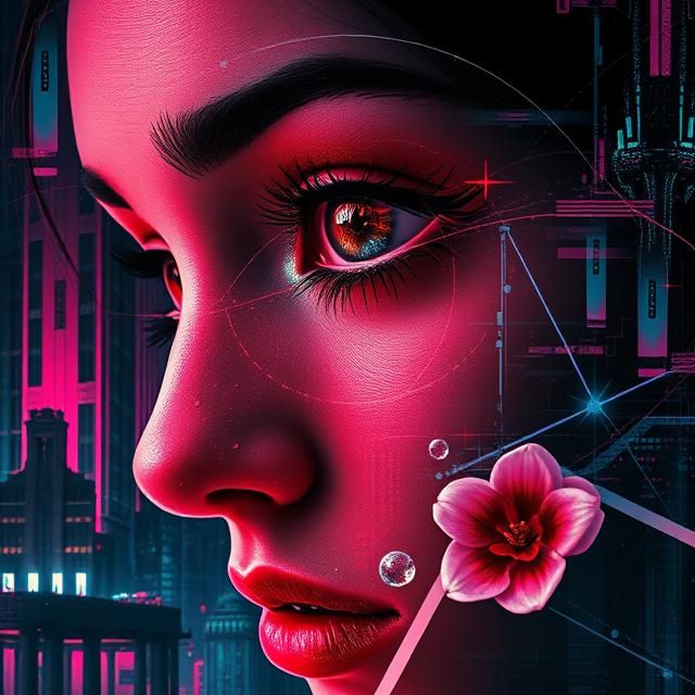 Close-up of a woman's face with an eye showing a cyberpunk c...