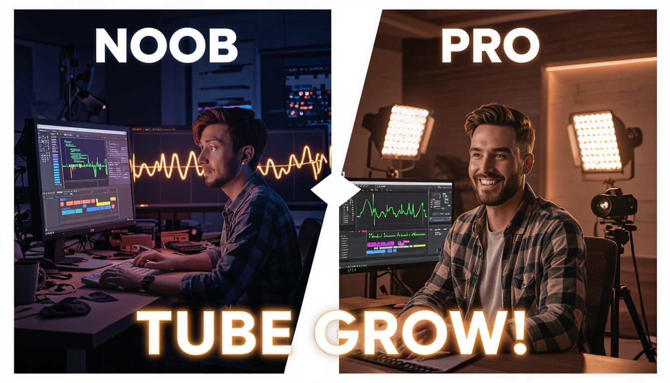YouTube thumbnail, cinematic split-screen “Noob vs Pro” theme, left side labeled "Noob" with cluttered messy BROKEN editing setup, broken au...
