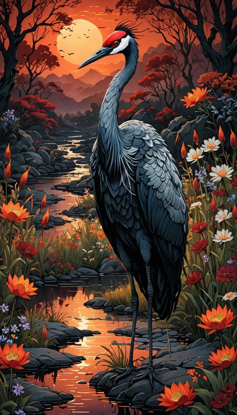 A stunning oriental crane with lively eyes, dark sunset, a stream bed, wildflowers, by c215, Arthur Rackham, ...  by @D0npen