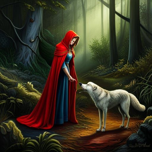 little red ridinghood petting a wolf in the woods , deep col...
