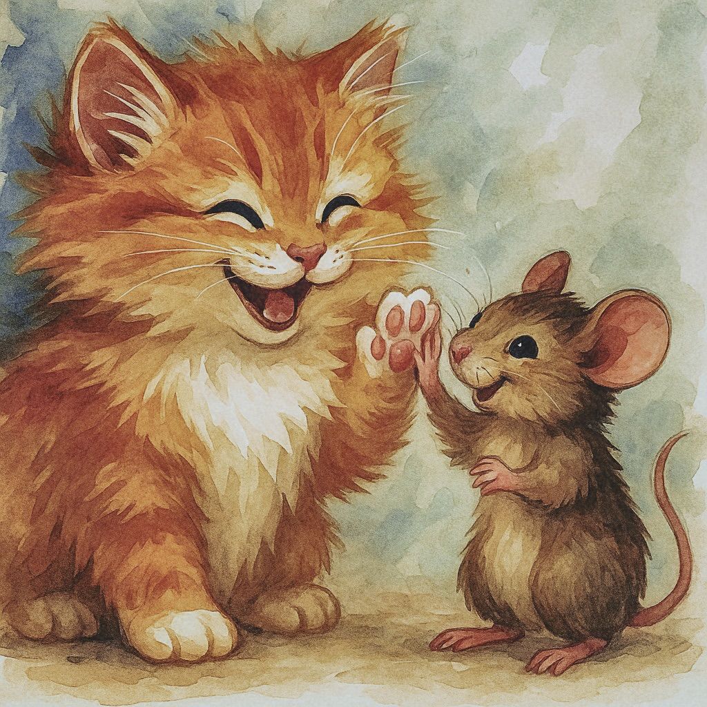 An adorable chubby fluffy kitty high-fiving a tiny cutesy mo...